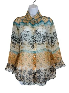 Nicola XL Boho Sheer Button Front Blouse Bell Sleeve Floral Geometric Top